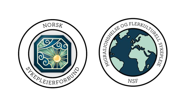 Norsk Sykepleierforbunds logo og logoen til Migrasjonshelse og flerkulturell sykepleie NSF
